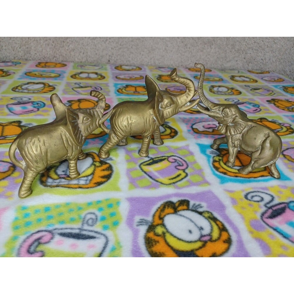 VTG Solid Brass Elephant Figurines Set of 3 Made in India Heavy Lucky Trunk Up
